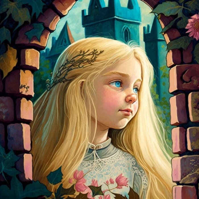 Bajka dla dzieci Roszpunka – księżniczka o długich blond włosach, która zostaje uwięziona w wieży, ilustrowane dla dziecka