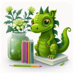 Bajka o smoku, który nie mógł ziać ogniem. Siedzi na stole obok wazonu z kwiatami.